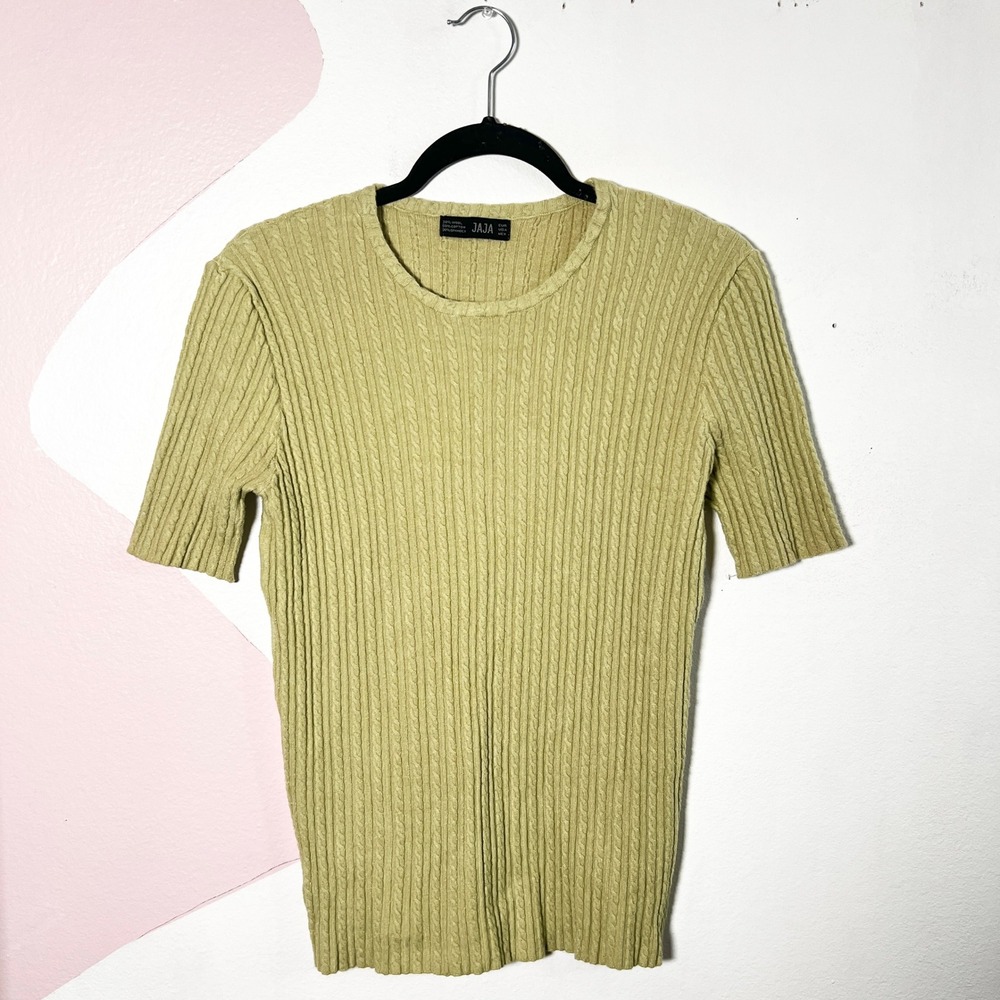 Wool Blend Cable‎ Knit Top Womens Medium Short Sleeve Green Comfy Preppy